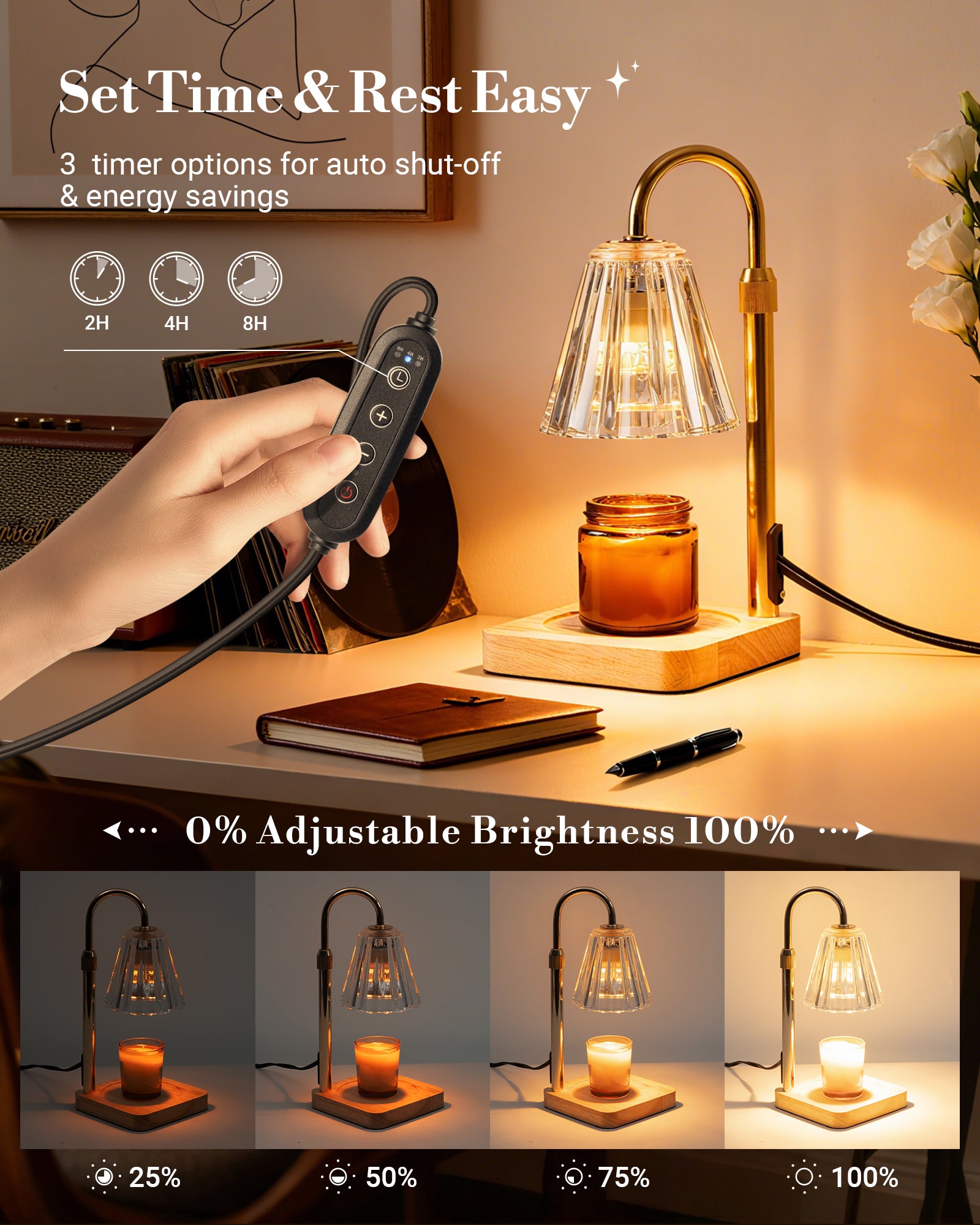 Marycele Candle Warmer Lamp with Timer & Dimmer – 50W Halogen No‑Flame Candle Melting Lamp, Fits Jar Candles up to 7 Inch, Adjustable Height for Home Fragrance & Bedroom Décor