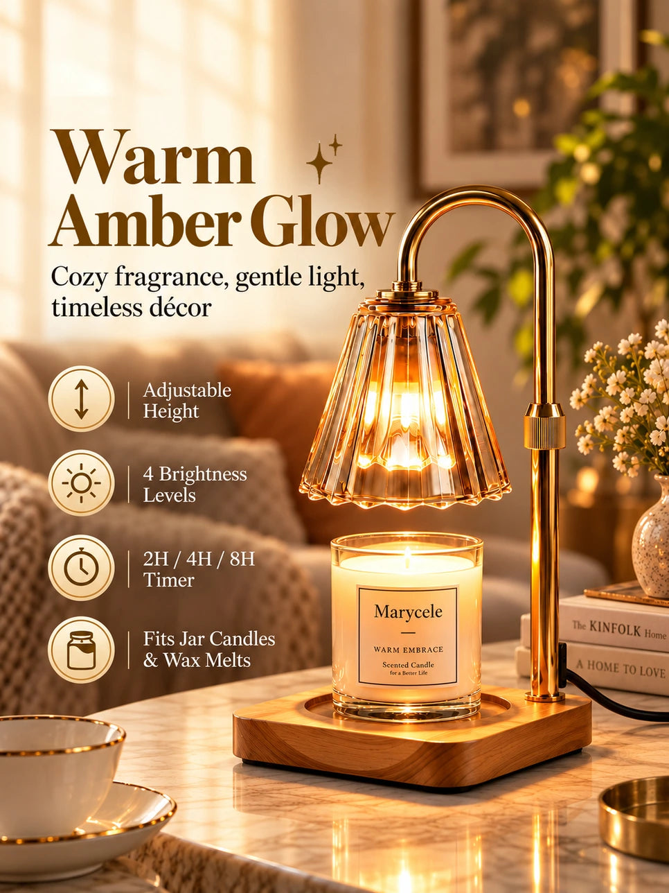 Marycele Amber Candle Warmer Lamp with Timer & Dimmer – Adjustable Height