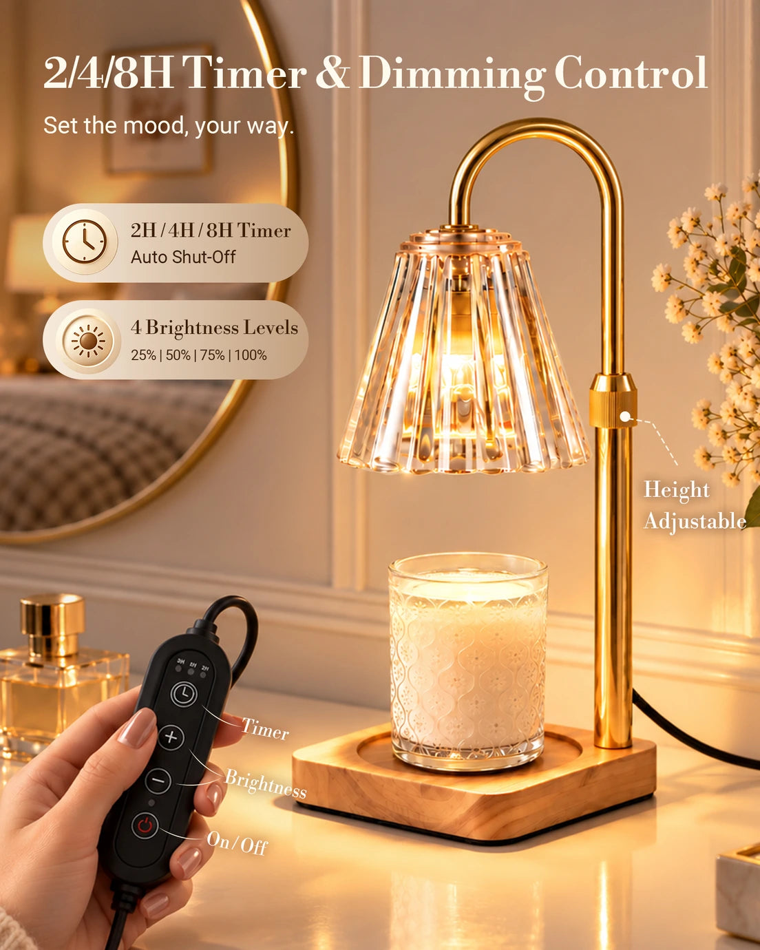 Marycele Candle Warmer Lamp with Timer & Dimmer – Clear Glass, Adjustable Height