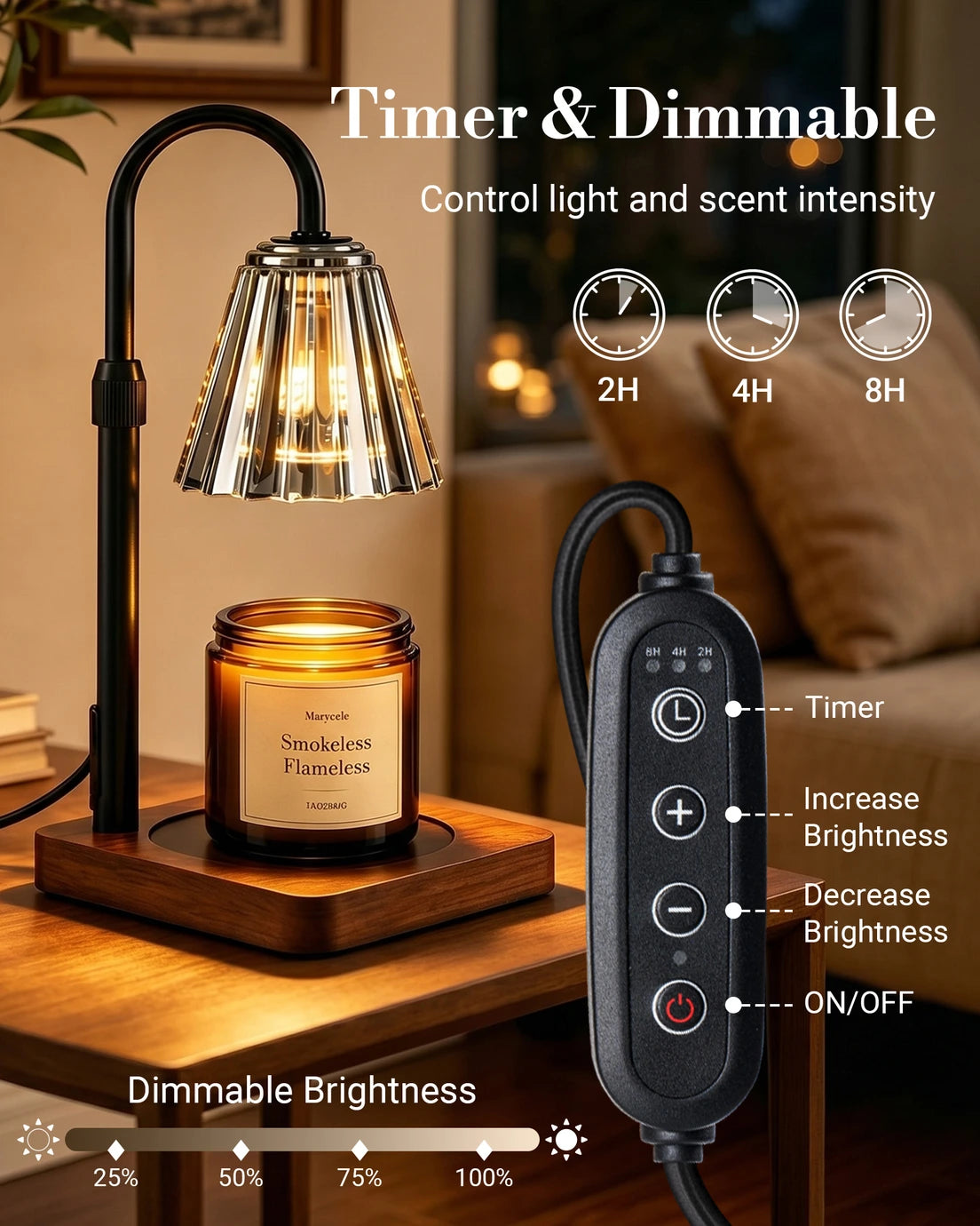 Marycele Black Candle Warmer Lamp with Timer & Dimmer – Adjustable Height
