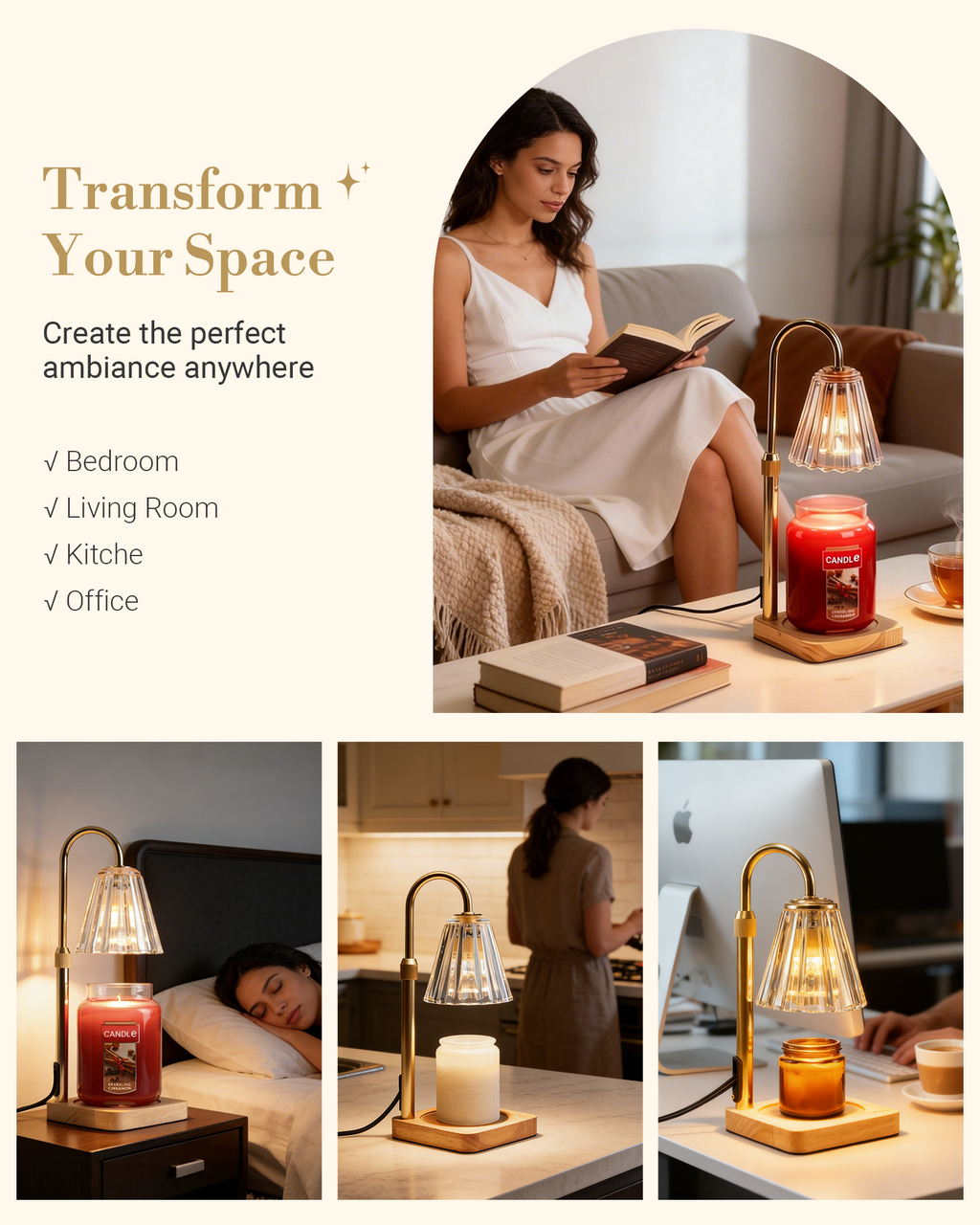 Marycele Candle Warmer Lamp with Timer & Dimmer – 50W Halogen No‑Flame Candle Melting Lamp, Fits Jar Candles up to 7 Inch, Adjustable Height for Home Fragrance & Bedroom Décor